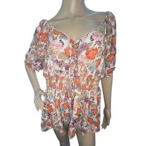 Torrid Floral Georgette Eyelet Smocked Waist Puff Sleeve Blouse